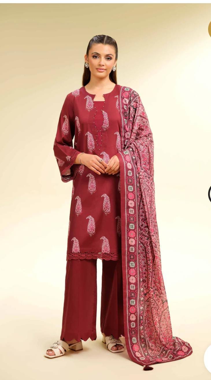 Nishat - 3-Pc printed lawn suit (Maroon)
