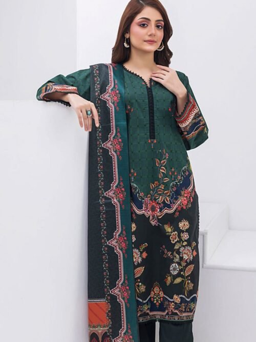 Gul Ahmad Ideas - Dark Green Printed Lawn 3 Piece Suit