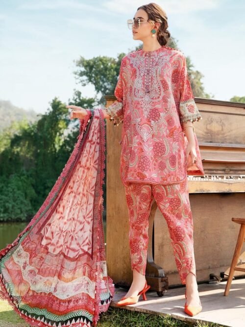 Maria.B Shirt Printed Embroidered Suit (Pink)
