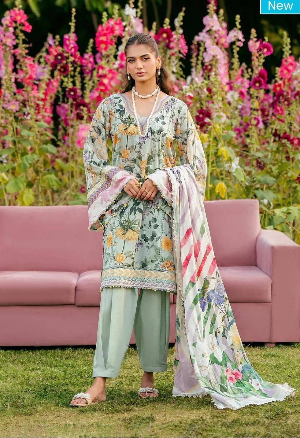 Elaf Premium - 3-Pc printed lawn suit (light green)
