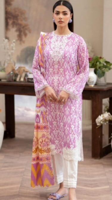 3-pc printed lawn suit(Purple)