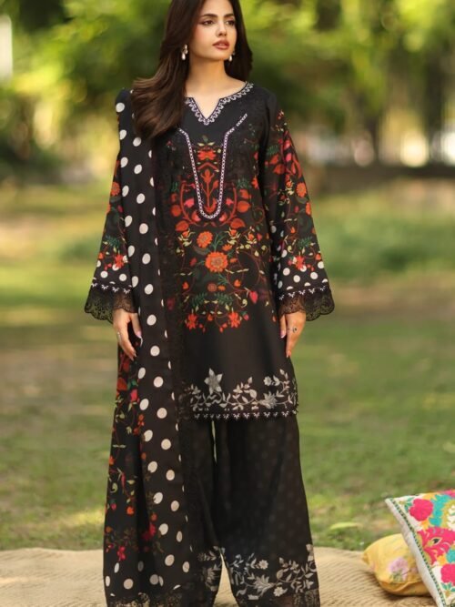 3-PC Embroidered Printed Suit(Black)